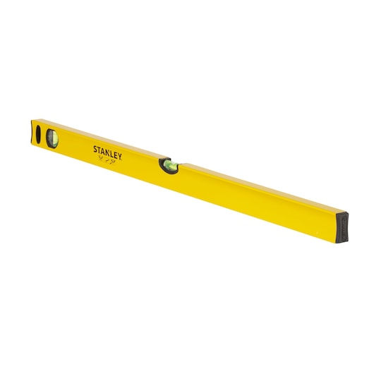 STANLEY STHT1-43104 gele waterpas, schuine fotografie op witte achtergrond.