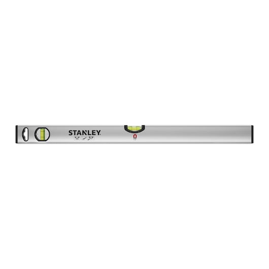 STANLEY STHT1-43111 waterpas zilver, vooraanzicht, met geïntegreerde buizen en zwarte eindkappen.