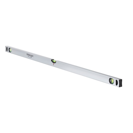 STANLEY STHT1-43114 waterpas, zilveren body, drie buisjes, zijaanzicht, witte achtergrond.