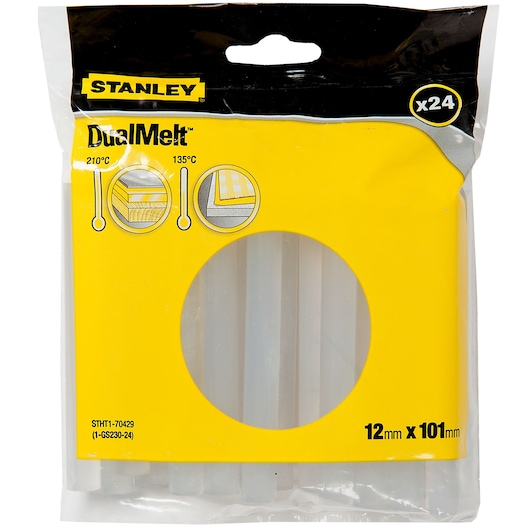 Foto van STANLEY STHT1-70429 DualMelt lijmstiften verpakking, 24 transparante stiften, 12mm x 101mm, vooraanzicht.