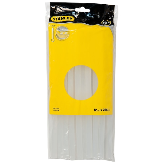 Een verpakking Stanley lijmpatronen in een doorzichtige plastic zak met een geel en zwart label. Het label toont het Stanley