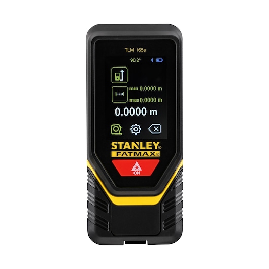 Foto van de STANLEY STHT1-77139 laserafstandsmeter, vooraanzicht, zwart-gele uitvoering met digitaal display.