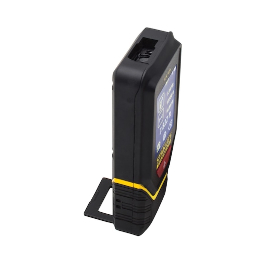 STANLEY STHT1-77139 laser afstandsmeter zwart met gele accenten, schuine weergave op witte achtergrond.