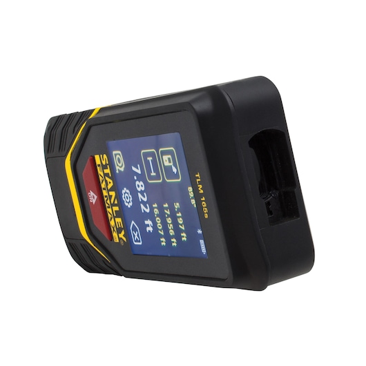 STANLEY STHT1-77139 laserafstandsmeter met kleurenscherm, schuine vooraanzicht op witte achtergrond.