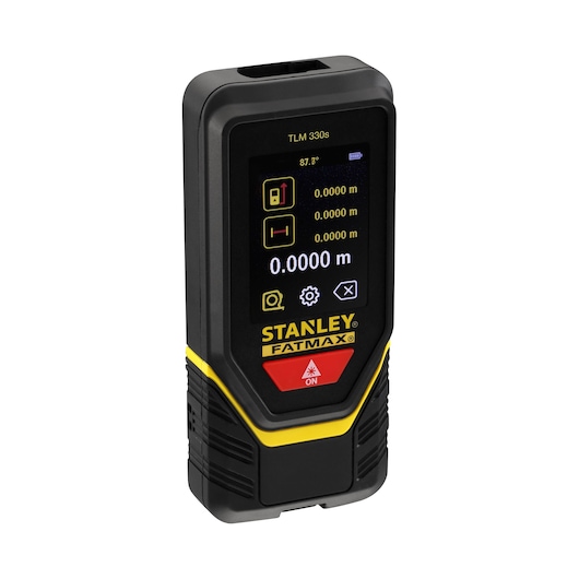 Photo du télémètre laser STANLEY STHT1-77140 avec écran numérique, noir et jaune, vue de face gauche.