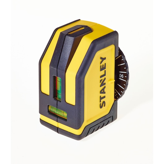 STANLEY STHT1-77148 geel-zwart zelfnivellerend laserwaterpas, schuine aanzicht op witte achtergrond.