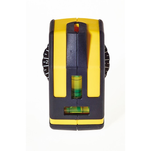 STANLEY STHT1-77148 laserwaterpas, geel en zwart, vooraanzicht, met zichtbare buislibellen en stelknoppen.