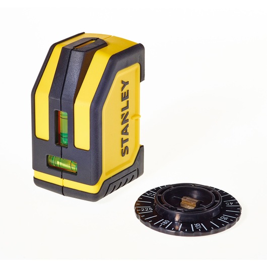 STANLEY STHT1-77148 geel-zwarte laserwaterpas met draaischijf, frontaal aanzicht, categorie fotografie.