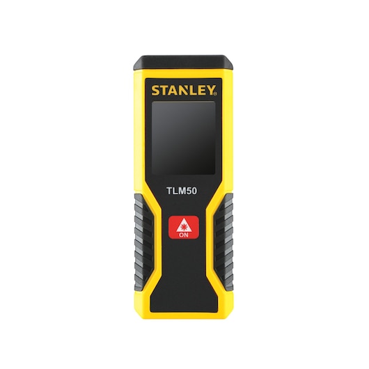 STANLEY STHT1-77409 télémètre laser, jaune et noir, vue de face sur fond blanc.