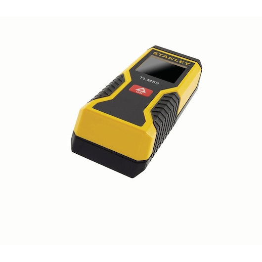 Télémètre laser STANLEY STHT1-77409, jaune et noir, vue avant en angle sur fond blanc.