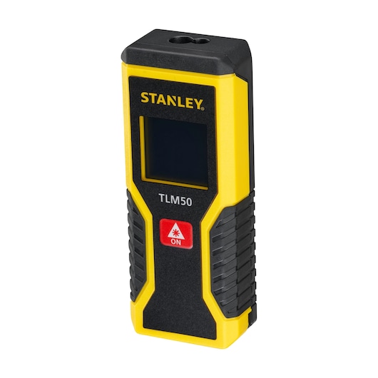 Photo du télémètre laser STANLEY STHT1-77409 TLM50 jaune et noir, vue de face oblique.