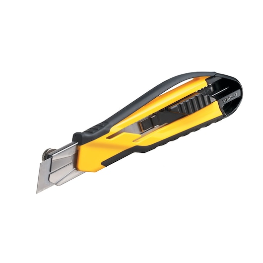 STANLEY STHT10270-0 gereedschapsmes, geel en zwart, schuine zijaanzicht, fotografie op witte achtergrond.