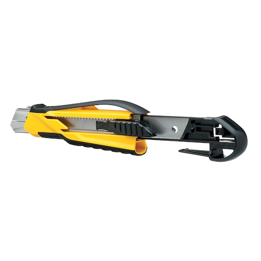 STANLEY STHT10270-0 hobbymes met geel-zwart handvat, uitgeschoven mes, zijaanzicht op witte achtergrond.