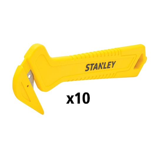 STANLEY STHT10355-1 gele veiligheidsmes zijaanzicht, set van tien op witte achtergrond.