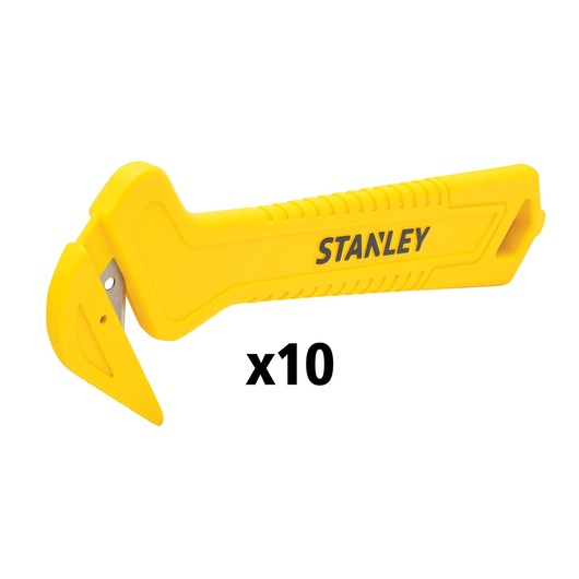 STANLEY STHT10355-1 geel veiligheidsmes, set van 10, zijaanzicht op witte achtergrond.