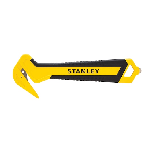 STANLEY STHT10356-0 veiligheidsmes met geel-zwart handvat, zijaanzicht op witte achtergrond.