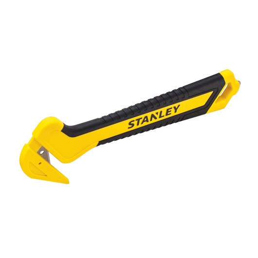 STANLEY STHT10356-0 veiligheidsmes met geel en zwart handvat, zijaanzicht op witte achtergrond.
