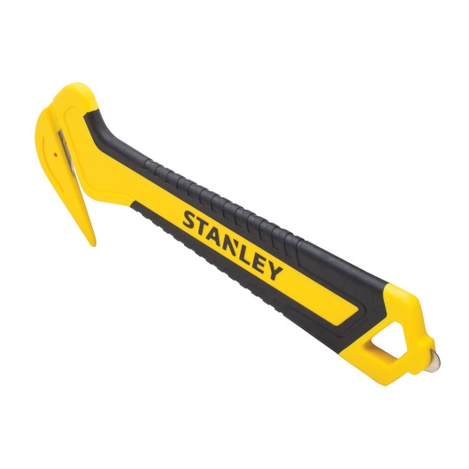 STANLEY STHT10356-0 veiligheidsmes met geel-zwarte handgreep, zijaanzicht, witte achtergrond.