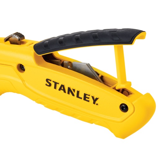 STANLEY STHT10430-0 couteau utilitaire jaune avec poignée ergonomique noire, compartiment de lame visible.