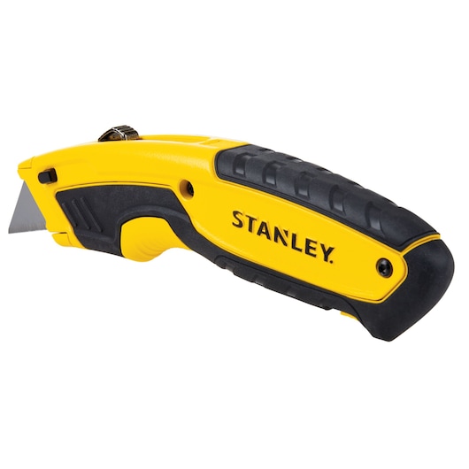 Photo du cutter STANLEY STHT10479-0 avec poignée jaune et noire, vue latérale sur fond blanc.
