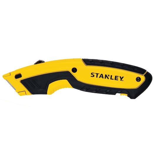 STANLEY STHT10479-0 couteau utilitaire, jaune et noir, angle latéral sur fond blanc.