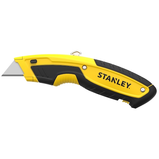 Photo du couteau utilitaire STANLEY STHT10479-0 jaune et noir, vue latérale, poignée ergonomique, lame exposée.