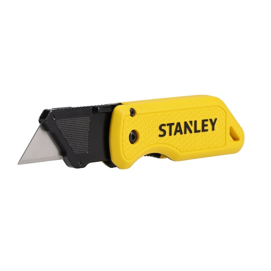 STANLEY STHT10520-0 gereedschapsmes met gele handgreep, zijaanzicht op witte achtergrond.
