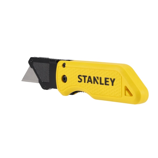STANLEY STHT10520-0 hobbymes met gele gestructureerde handgreep, linkerzijde, witte achtergrond.