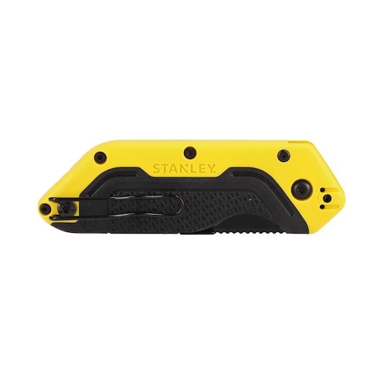 Foto van STANLEY STHT10521-0 opvouwbaar hobbymes, geel en zwart, zijaanzicht, compact met riemclip.