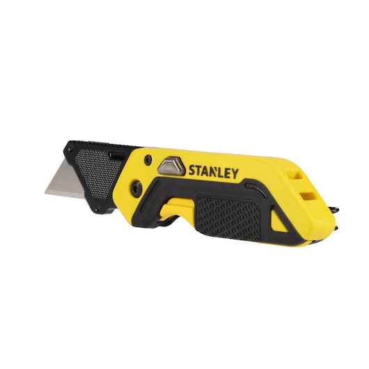 STANLEY STHT10521-0 vouwbaar afbreekmes met geel-zwart handvat, rechterzijde op witte achtergrond.