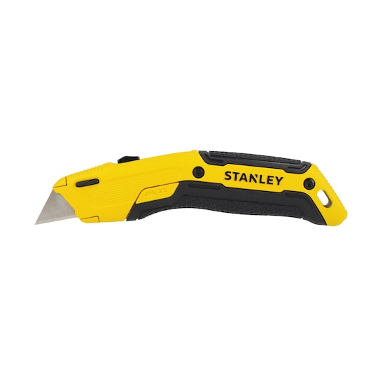 Een gele en zwarte Stanley gereedschapsmes met een intrekbaar blad, ontworpen om verschillende materialen te snijden.