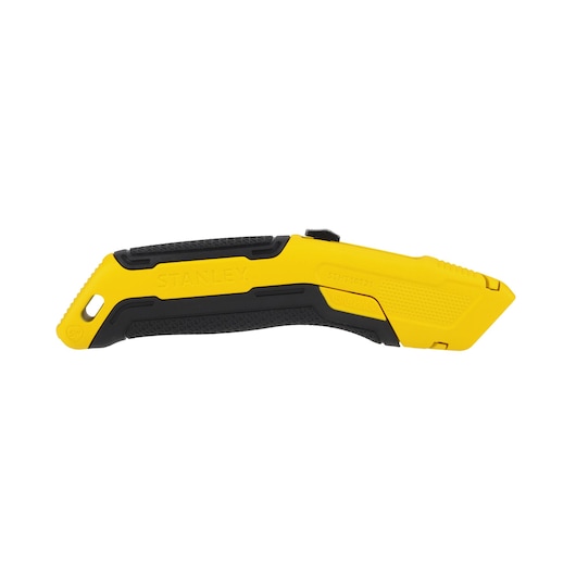 Een geel-zwarte Stanleymes met een ergonomische handgreep, merk STANLEY, afgebeeld tegen een witte achtergrond.