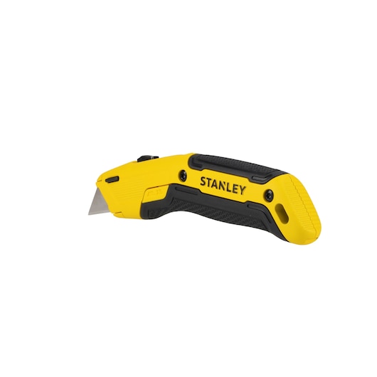 Een Stanley afbreekmes met een geel-zwarte handgreep, voorzien van een intrekbaar mes en een ergonomische grip.