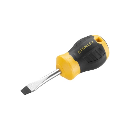 STANLEY STHT16147-0 tournevis plat court avec poignée jaune et noire, vue en angle, photographie produit.