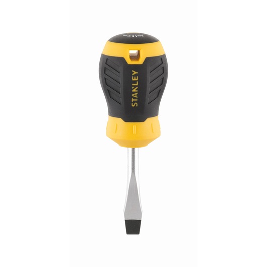 STANLEY STHT16147-0 tournevis plat court avec manche noir et jaune, vue de face sur fond blanc.