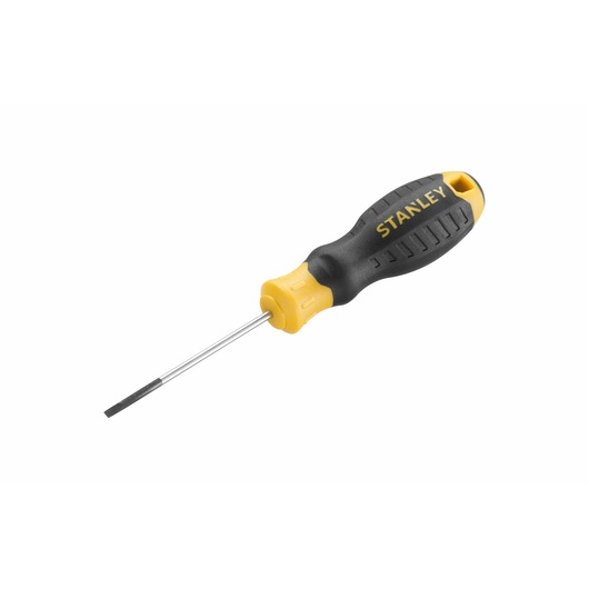 STANLEY STHT16151-0 sleufschroevendraaier met zwart-geel ergonomisch handvat, zijaanzicht op witte achtergrond.