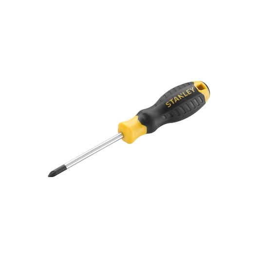 STANLEY STHT16162-0 kruiskopschroevendraaier met zwart-geel ergonomisch handvat, zijaanzicht op witte achtergrond.