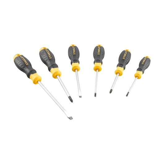 STANLEY STHT16165-0 set van zes schroevendraaiers met ergonomische zwart-gele handgrepen, frontaal, witte achtergrond.