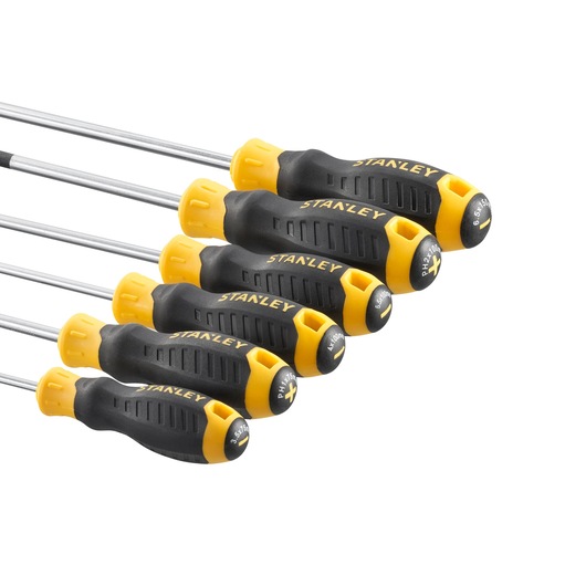 STANLEY STHT16165-0 schroevendraaierset met zwart-gele handgrepen, flatlay productfoto.