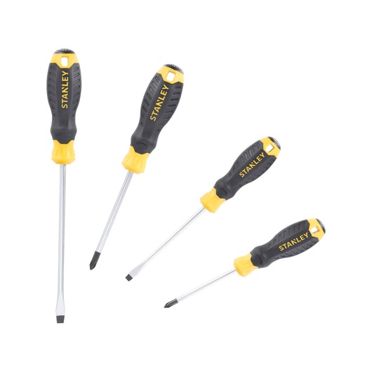 STANLEY STHT16169-0 set de tournevis avec poignées noires et jaunes, angle avant, sur fond blanc.