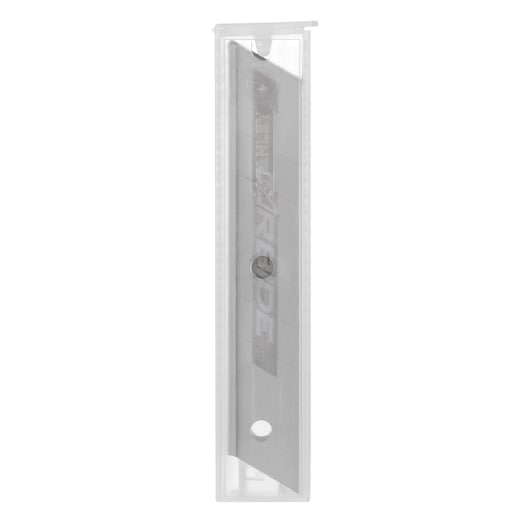 STANLEY STHT2-11818 breekmesje in doorzichtige plastic houder, vooraanzicht, zilveren mes zichtbaar.