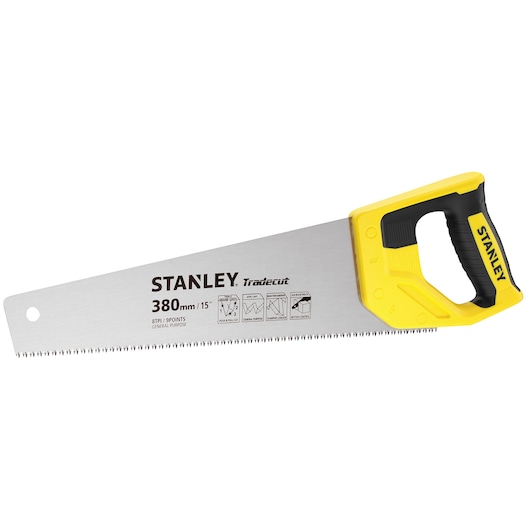 Foto van STANLEY STHT20348-1 handzaag met geel-zwarte handgreep, 380 mm blad, op witte achtergrond.