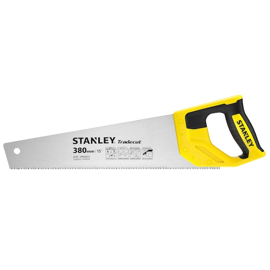 Foto van STANLEY STHT20348-1 handzaag met geel-zwart handvat, rechte zilveren zaagblad, linker zijaanzicht.
