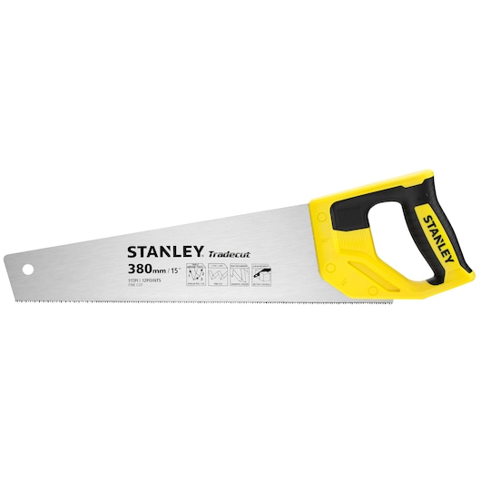 STANLEY STHT20349-1 scie à main avec poignée ergonomique jaune et noire, vue latérale sur fond blanc.