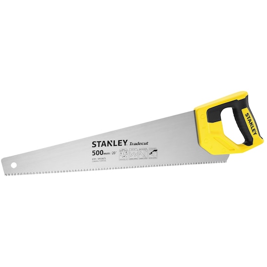 Foto van STANLEY STHT20350-1 handzaag met geel-zwarte handgreep, 500mm blad, zijaanzicht, op witte achtergrond.