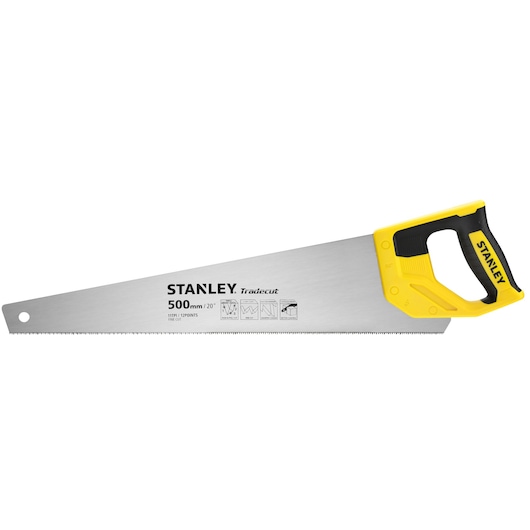 STANLEY STHT20351-1 scie à main avec poignée noire et jaune, lame de 500 mm, vue latérale, fond blanc.