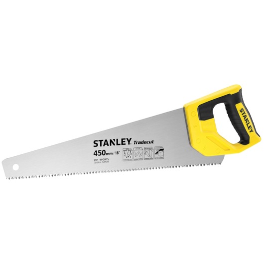 Photo de la scie manuelle STANLEY STHT20354-1 avec poignée jaune et noire, lame de 450mm, sur fond blanc.