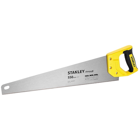 Photo du STANLEY STHT20372-1 scie à main avec poignée jaune et lame de 550mm, vue latérale sur fond blanc.