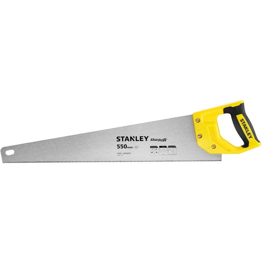 STANLEY STHT20372-1 scie à main avec poignée jaune et noire, photographie latérale sur fond blanc.