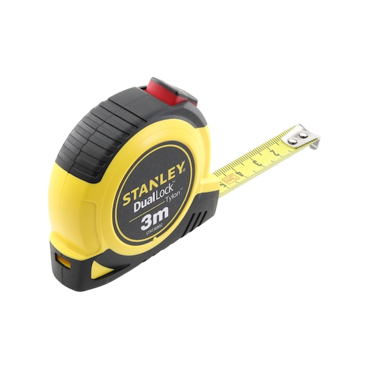 STANLEY STHT36802-0 meetlint, geel en zwart, 3m lengte, schuine hoek op witte achtergrond.